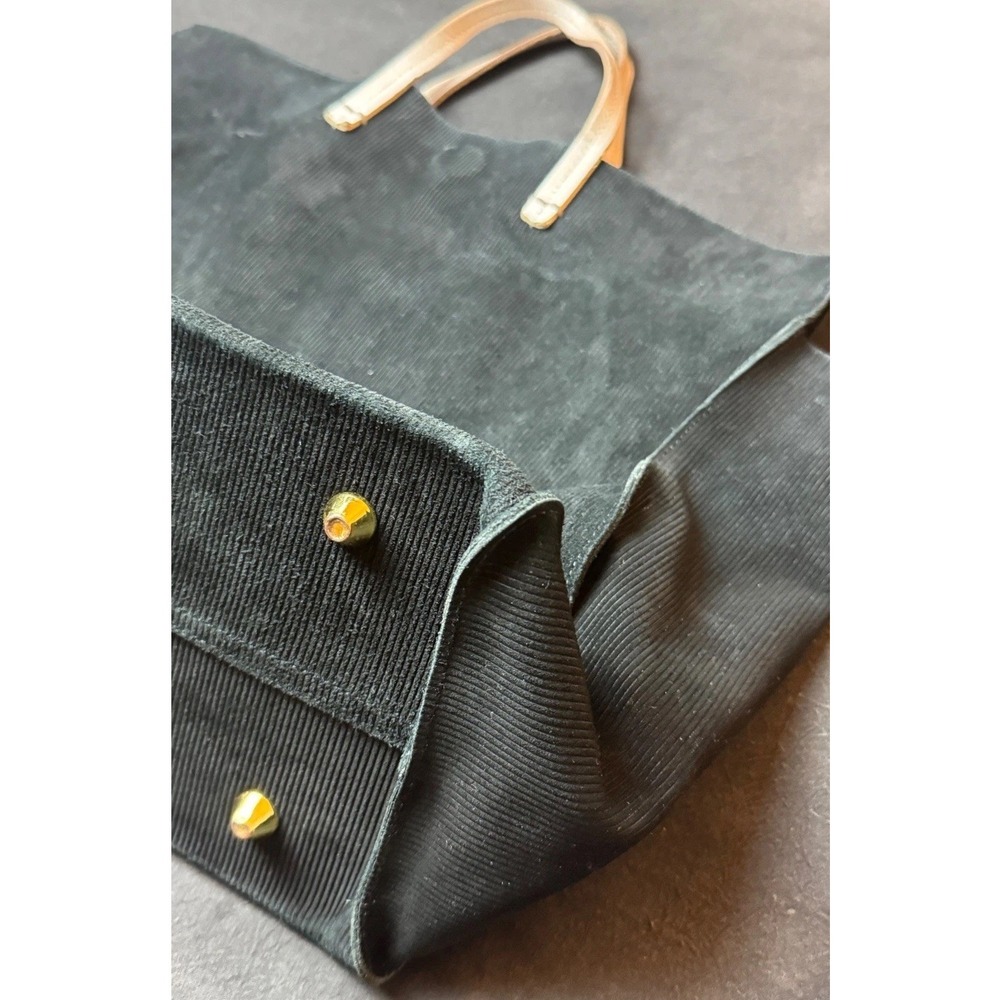 Clare V. Corduroy Tote Bag Large Black Cotton Leather Handle Plaid Lining Travel - Picture 3 of 10